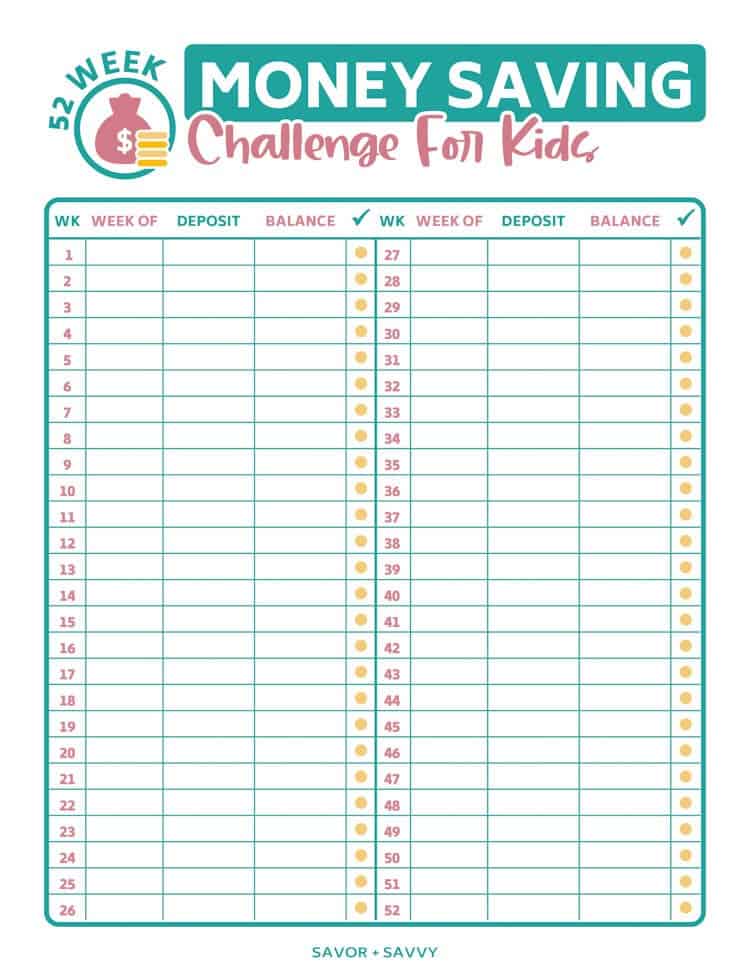 kids saving challenge worksheet